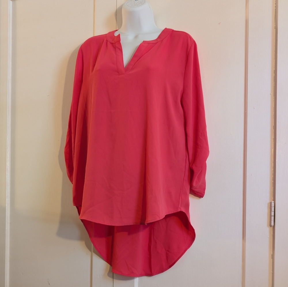Fushia Pink Cato's Blouse, M, High Low Hem, V neck, Long Sleeves or 3/4 length
